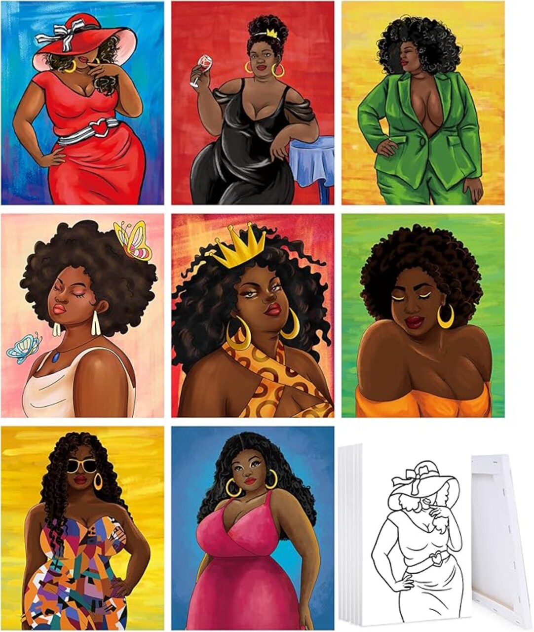 8 Pack 8x10 Inch Pre Drawn Canvas for Painting for Adults Sip and Paint Kit Party Supplies Favor Pre-Stretched Canvas Outline for Paint and Sip Birthday Mothers Day Gift